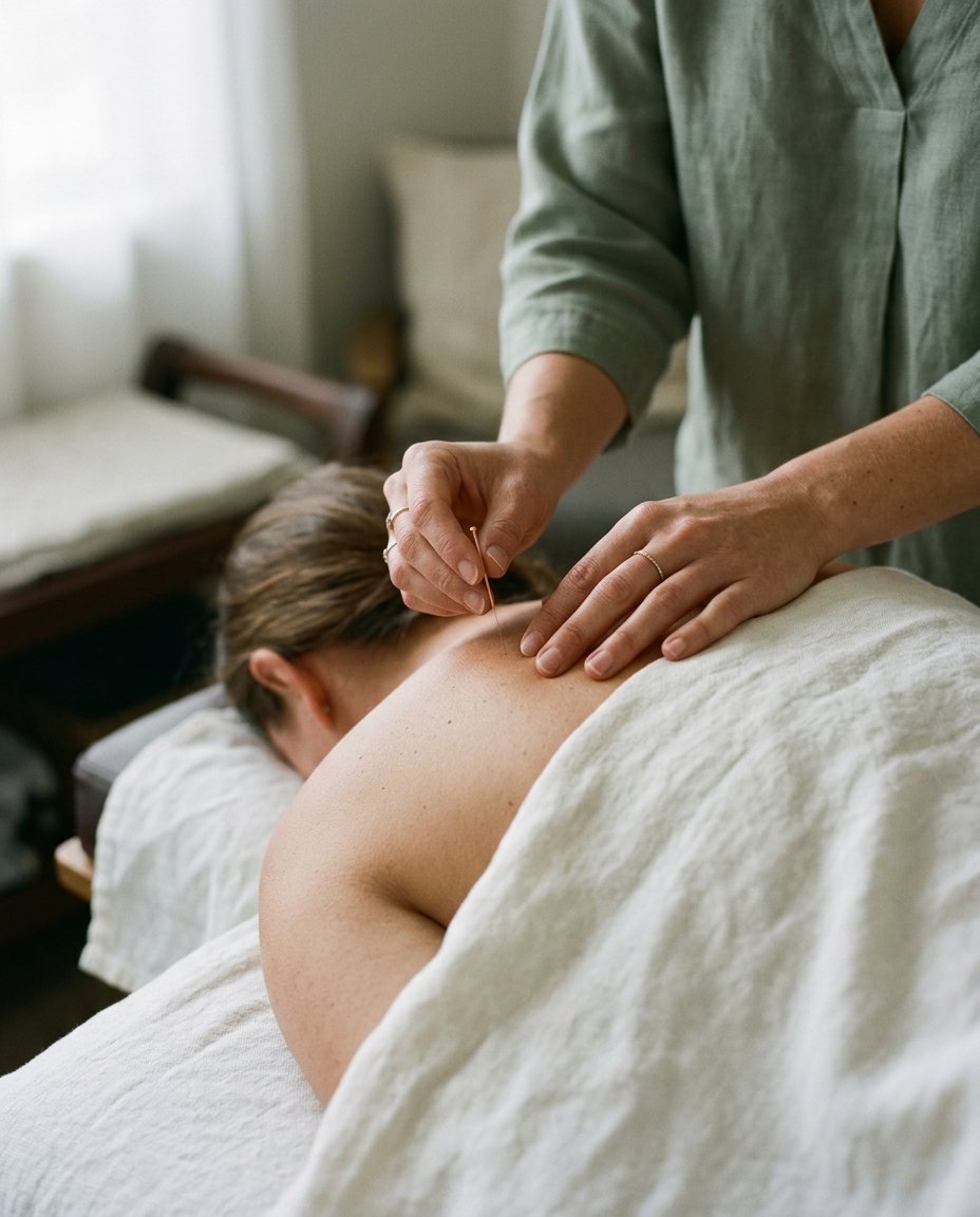 A fine acupuncture needle being placed on a patient's upper back