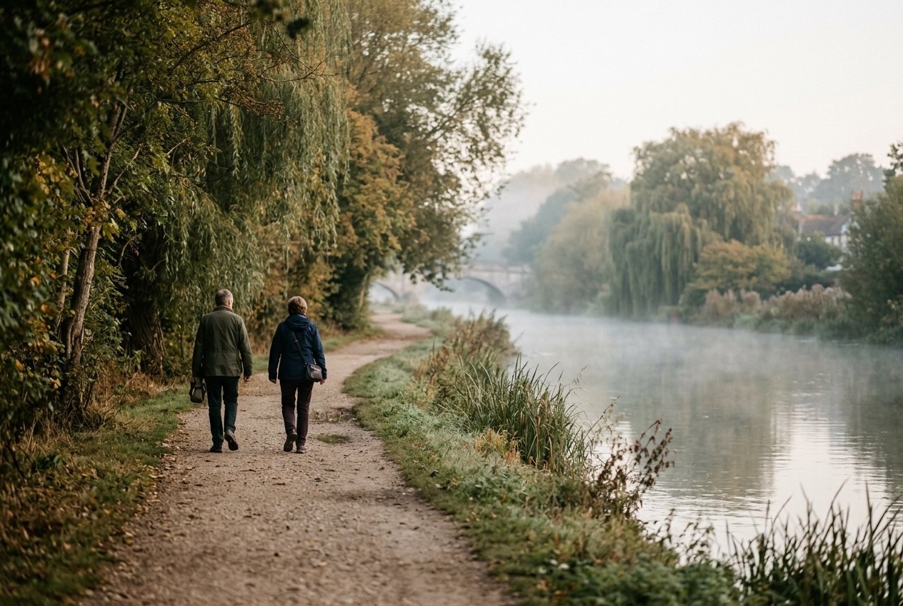 Two people walking beside the Thames near Wallingford on a misty morning